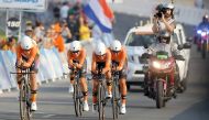 Cyclists from Boels Dolmans compete in Women’s Team Time Trial of the UCI Road World Championships 2016, in Doha yesterday. 