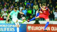 Slovenia’s Rok Kronaveter (left) vies for the ball with England’s John Stones during their 2018 World Cup qualifying match at Stozice Stadium in Ljubljana, Slovenia on Tuesday.