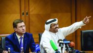 H E Dr. Mohammed bin Saleh Al Sada, Minister of Energy and Industry  and President of the Organisation of Petroleum Exporting Countries (Opec) and Russian Energy Minister Alexander Novak attend a press conference during the 23rd World Energy Congress in I