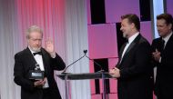 (L-R) Honoree Sir Ridley Scott accepts the American Cinematheque Award from actors Russell Crowe and Matt Damon onstage at the 30th Annual American Cinematheque Awards Gala at The Beverly Hilton Hotel on October 14, 2016 in Beverly Hills, California. Kevo
