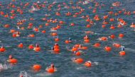 Competitors take part in the annual cross-harbour swim in Hong Kong on October 16, 2016. AFP / STR
