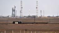 A Russian Proton-M rocket carrying the ExoMars 2016 spacecraft stands on the launch pad at the Russian-leased Baikonur cosmodrome on March 14, 2016.   AFP / KIRILL KUDRYAVTSEV
