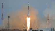 Russia?s Soyuz MS-02 spacecraft carrying the International Space Station (ISS) crew of US astronaut Shane Kimbrough and Russian cosmonauts Sergey Ryzhikov and Andrey Borisenko blasts off to the ISS from the launch pad at the Russian-leased Baikonur cosmod