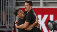 New Zealand's Anton Lienert-Brown (R) celebrates his try with teammate Julian Savea during the third rugby Bledisloe Cup Test between the New Zealand All Blacks and Australia at Eden Park in Auckland on October 22, 2016. / AFP / MICHAEL BRADLEY