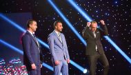 Bahrain’s Ghassan Yusuf (right) celebrates surviving the prototyping elimination of Stars of Science, along with fellow contestants Jordanian Sadeem Qdaisat (middle) and Nizar Chelly of Tunisia.
