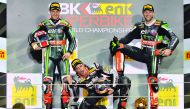 From left: Tom Sykes, Torres Jordi and Jonathan Rea during the 2015 World Superbike Championship (WSBK) awarding ceremony held at Losail International Circuit in this October 21, 2015 file picture. 
