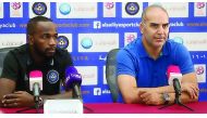 Al Sailiya coach Sami Trabelsi (right) speaks during a press conference ahead of their Qatar Stars League clash against Al Shahaniya which will take place at Al Ahli Stadium today.