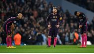 Barcelona's defender Javier Mascherano, strikers Lionel Messi and Neymar react following the UEFA Champions League group C football match between Manchester City and Barcelona at the Etihad Stadium in Manchester, north west England on November 1, 2016. (A