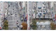This combo shows a photo of a giant sinkhole (R), measuring around 30 metres (98 feet) wide and 15 metres deep, which appeared in a five-lane street in the middle of the Japanese city of Fukuoka on November 8, 2016 and another photo (L) of the same sectio