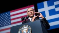 US President Barack Obama delivers a speech at the Stavros Niarchos Foundation Cultural Center on November 16, 2016 in Athens, Greece.  AFP / Brendan Smialowski