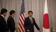  Prime Minister of Japan Shinzo Abe arrives to speak to reporters following a meeting with President-elect Donald Trump November 17, 2016 in New York City. Trump and his transition team are in the process of filling cabinet and other high level positions 