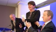 Northern Irish deputy First Minister Martin McGuinness, Northern Irish First Minister Arlene Foster and Irish Prime Minister Enda Kenny take part in a joint press conference after a North South Ministerial Council (NSMC) meeting in Armagh on November 18, 