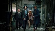 (L-R) Dan Fogler as Jacob, Katherine Waterston as Tina, Alison Sudol as Queenie and Eddie Redmayne as Newt in 