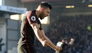 Manchester City's Argentinian striker Sergio Aguero celebrates after scoring their first goal during the English Premier League football match between Burnley and Manchester City at Turf Moor in Burnley, north west England on November 26, 2016. (AFP / Oli