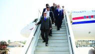 Yemeni President Abdrabuh Mansur Hadi disembarking from a plane upon his arrival at Aden airport, yesterday.