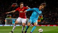Feyenoord's Nicolai Jorgensen in action with Manchester United's Phil Jones Reuters / Phil Noble Livepic 
