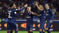 Paris Saint-Germain's players celebrate after winning the French L1 football match between Olympique Lyonnais (OL) and Paris Saint-Germain (PSG) on November 27, 2016, at the Parc Olympique Lyonnais stadium in Decines-Charpieu, central-eastern France. / AF