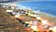 An intensive drill of KPA artillery units on the front which North Korean leader Kim Jong-Un attended, yesterday.