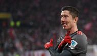 Bayern Munich's Polish forward Robert Lewandowski celebrate scoring during the German first division Bundesliga football match between FSV Mainz 05 and FC Bayern Munich in Mainz, southern Germany on December 2, 2016.  AFP / Arne Dedert