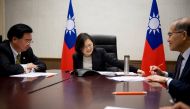 DECEMBER 3, 2016 Taiwan's President Tsai Ing-wen speaks on the phone with U.S. president-elect Donald Trump at her office in Taipei, Taiwan, in this handout photo made available December 3, 2016. / Reuters.
