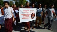 A group of Myanmar Buddhist monks stage a protest outside the Malaysian embassy in Yangon on December 3, 2016 to denounce Malaysia's Prime Minister Najib Razak's support for the persecuted Muslim Rohingya minority. Malaysia accused Myanmar of engaging in 