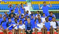 Polish Olympic  champion, dubbed as the ‘greatest female hammer thrower’ of  all time, Anita  Wlodarczyk (centre) poses for a photograph with student-athletes  of Aspire  Academy in Doha. Wlodarczyk arrived in Doha to take part  in a three-week training c