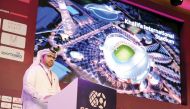 Abdullah Fehani, Project Manager for Al Rayyan Stadium, giving a progress update on the stadiums currently under construction in Qatar, during the second day of Soccerx Asian Forum 2016 at the Grand Hyatt Hotel in Doha yesterday. (Pic by: Salim Matramkot/