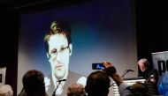 (FILES) This file photo taken on November 18, 2016 shows US whistleblower Edward Snowden, seen live from Moscow, at the Norwegian PEN event 