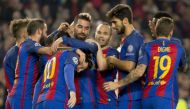 Barcelona's Arda Turan (C) celebrates his second goal with his team mates during the UEFA Champions League match between the FC Barcelona and Borussia Monchengladbach at Camp Nou stadium in Barcelona, Spain on December 6, 2016. (Albert Llop - Anadolu Agen