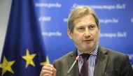 European Commissioner for European Neighbourhood Policy and Enlargement Negotiations Johannes Hahn speaks during a joint press conference with Chairman of the Council of Ministers of Bosnia and Herzegovina Denis Zvizdic after their meeting in Sarajevo, Bo