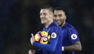 Leicester City's Jamie Vardy with the match ball at the end of the match after scoring a hat-trick. (Reuters / Carl Recine Livepic)