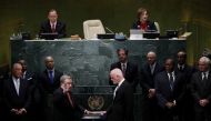 United Nations Secretary General Ban Ki-moon (back L) and Portugal's President Marcelo Rebelo de Sousa (L) watch as Secretary-General-designate Mr. Antonio Guterres of Portugal is sworn in by President of the UN General Assembly Peter Thomson (R) at UN he