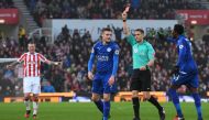 Leicester City's Jamie Vardy is shown a red card by referee Craig Pawson (Reuters / Anthony Devlin Livepic)
