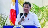 Philippine President Rodrigo Duterte during a press conference shortly after arriving from Singapore at Davao International Airport, yesterday.
