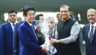 File photo of Minister of State for Civil Aviation Jayant Sinha receiving Shinzo Abe