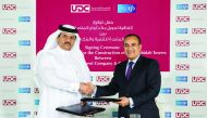 UDC President and CEO Ibrahim Al Othman (left), and Commercial Bank CEO Joseph Abraham shaking hands after signing the agreement at the Oyster building at The Pearl-Qatar.