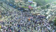 Bangladeshi activists of Islami Andolan Bangladesh seen during a rally in Dhaka yesterday, to protest the halting of a long march towards the border with Myanmar.