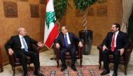BEIRUT, LEBANON - DECEMBER 18: Lebanese President Michel Aoun (C), Lebanese Prime Minister Saad Hariri (R) and Lebanese Parliament Speaker Nabih Berri (L) meet to discuss government formation process in Beirut, Lebanon on December 18, 2016. ( Dalati Nohra