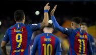 Luis Suarez, Leo Messi and Neymar Jr of Barcelona celebrate scoring a goal during the La Liga soccer match between FC Barcelona and RCD Espanyol at Camp Nou Stadium in Barcelona, Spain on December 18, 2016. ( Albert Llop - Anadolu Agency )