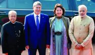 From left: President Pranab Mukherjee, Kyrgyzstan President Almazbek Atambayev, his wife Raisa Atambayeva and Prime Minister Narendra Modi attending a ceremonial reception at the President's House in New Delhi, yesterday.