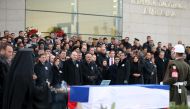 Turkish Minister of Interior Mustafa Soylu (first row 3rd L), Turkish Deputy Prime Minister Tugrul Turkes (First Row 4th L) along with Turkish and Russian officials attend the farewell ceremony for Russia's ambassador to Turkey Andrei Karlov at Esenboga I