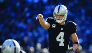 Oakland Raiders quarterback Derek Carr gestures before the snap against the Indianapolis Colts during their NFL match at the Oakland Coliseum in Oakland, California yesterday.