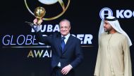 Florentino Perez, President of Real Madrid, receives Best Club of the Year award during the Dubai Globe Soccer Awards Ceremony in Dubai, United Arab Emirates, on Tuesday.