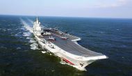 The Liaoning, China's only aircraft carrier, sailing during military drills in the Pacific. 