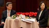 Taiwanese President Tsai Ing-wen (R) and Vice President Chen Chien-jen attend the New Year's Eve news conference in Taipei, Taiwan, December 31, 2016. REUTERS/J.R Wu
