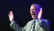 Nigel Farage reacting during party's annual conference in Bournemouth, Britain.