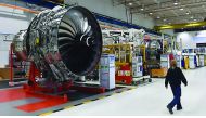 Rolls Royce Trent XWB engines, designed specifically for the Airbus A350 family of aircraft, are seen on the assembly line at the Rolls Royce factory in Derby, UK.