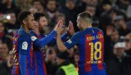 Barcelona's Argentinian forward Lionel Messi celebrates with Barcelona's Brazilian forward Neymar (L) and Barcelona's defender Jordi Alba (R) after scoring a goal during the Spanish Copa del Rey (King's Cup) round of 16 second leg football match FC Barcel