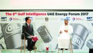 United Arab Emirates Energy Minister Suhail bin Mohamed al-Mazroui (right), speaks during the 7th Gulf Intelligence UAE Energy Forum meeting in Abu Dhabi.