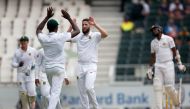South Africa's Kagiso Rabada and Wayne Parnell celebrate the wicket of Sri Lanka's Suranga Lakmal. (REUTERS/James Oatway)